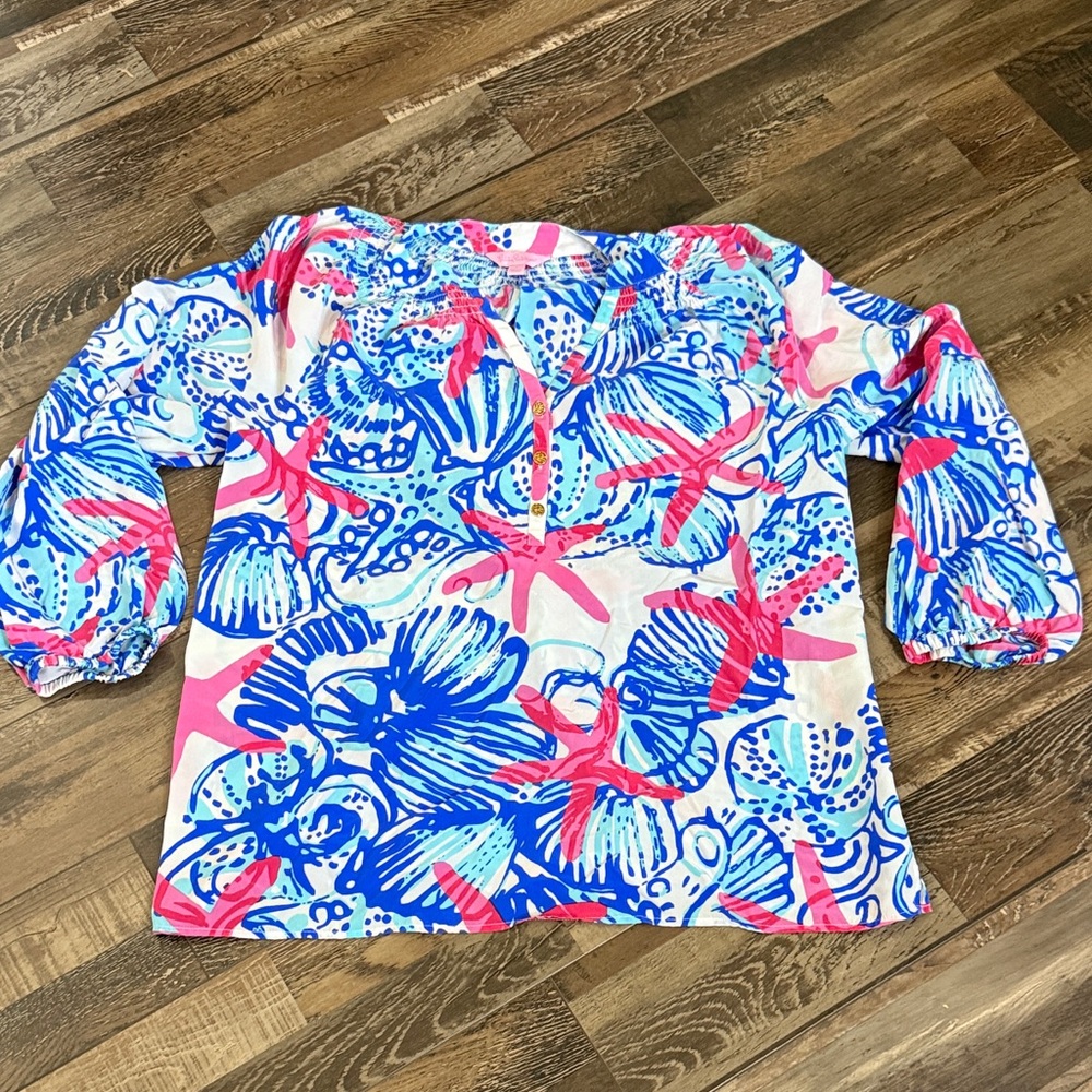 Lilly Pulitzer Multicolor Seashell Print Off-Shoulder Top - Pink, Blue & Aqua